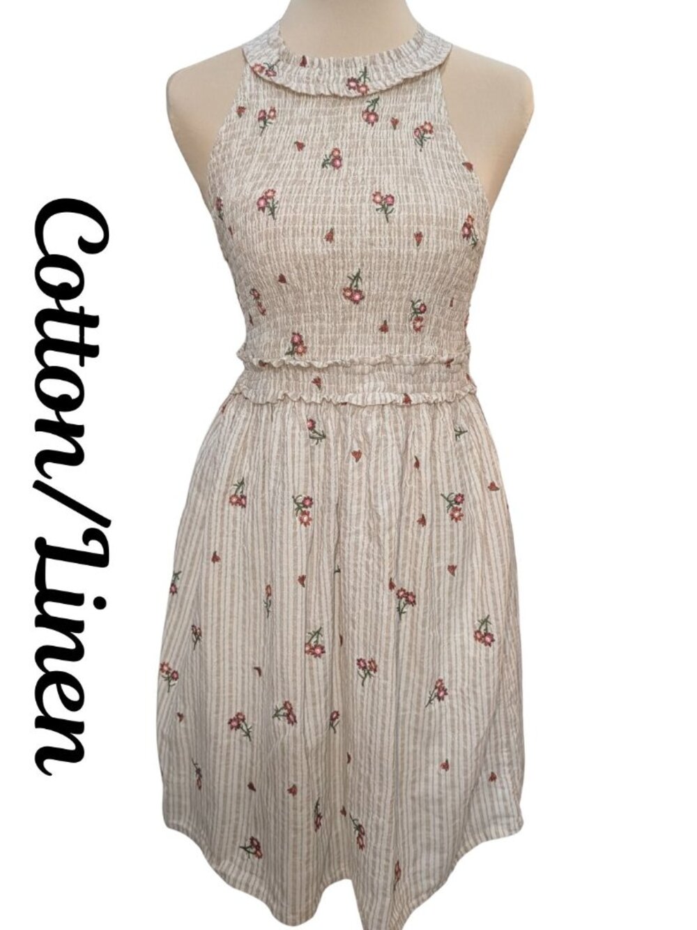 Taylor & Sage Embroidered Smocked Halter Linen Blend Floral Dress